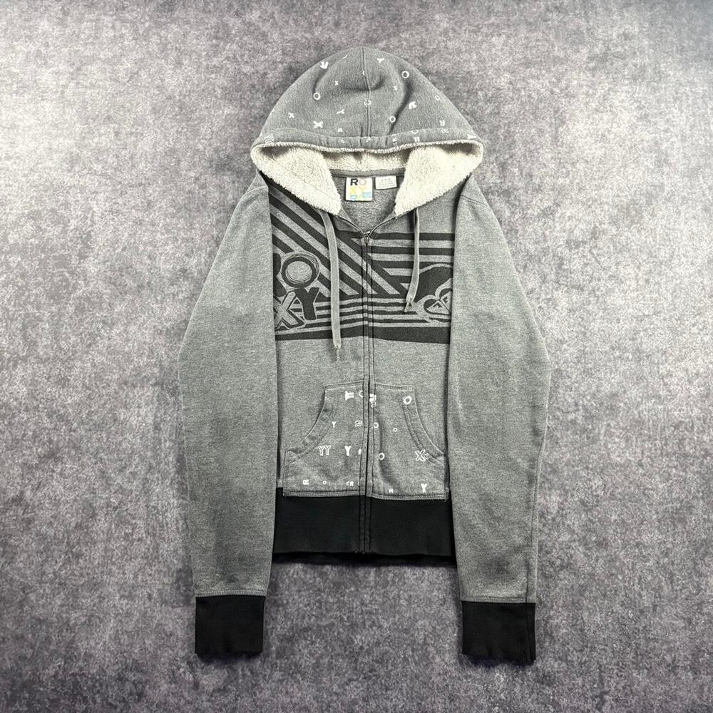 Vintage Roxy Hoodie Womens M Gray Black Sherpa Lined Full Zip Y2K Surf Skate